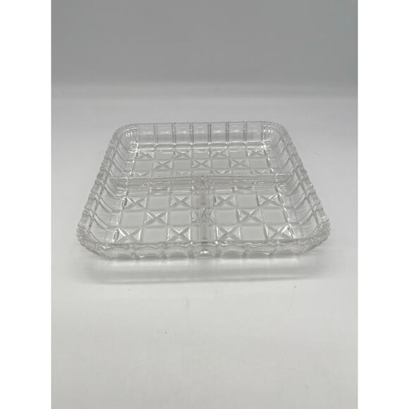 Vintage Indiana Glass Clear Block & Stars 3 Part Square Relish Dish 7” - Picture 1 of 5